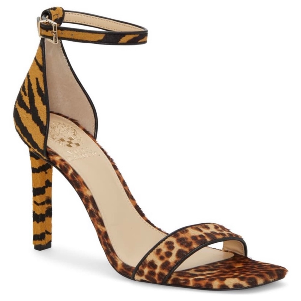 VINCE CAMUTO cow hair animal print open toe ankle strap heels women Size 8